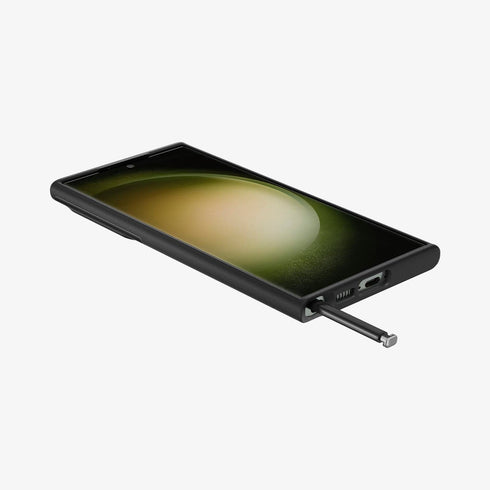 ACS05639 - Galaxy S23 Ultra Case Optik Armor in black showing the back with lens protector slot open